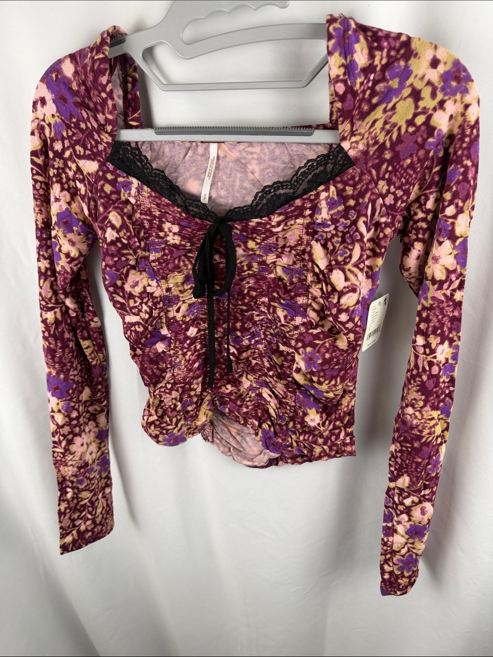 Free People Purple Floral Ruched Square-Neck Long Sleeve Top